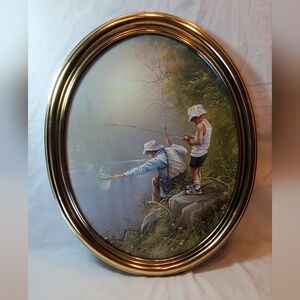 Home interiors Vtg Man And Boy River Fishing Distressed Gold Frame No Glass